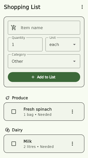 Leftover Rescue shopping list with quantities and categories