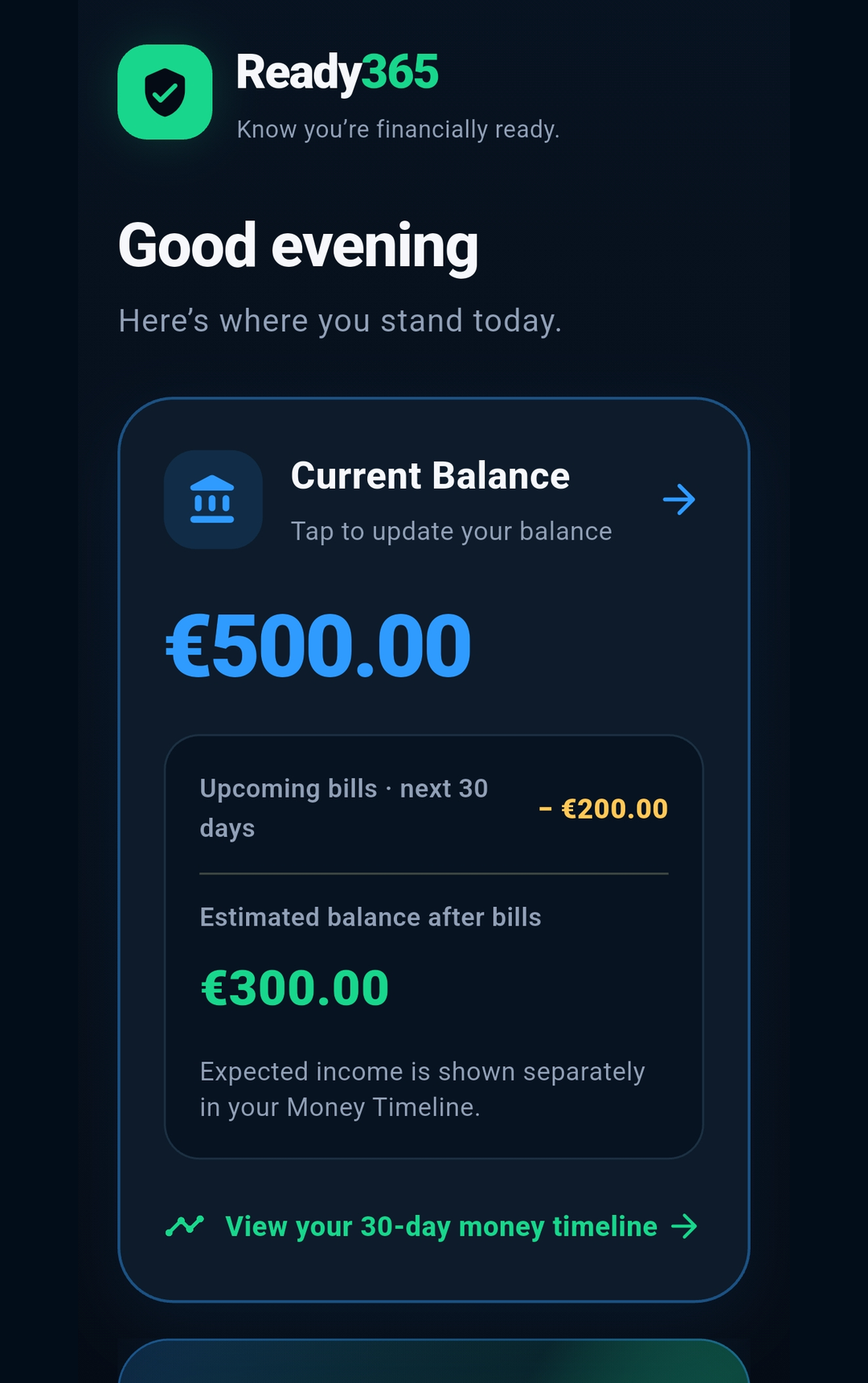 Ready365 Money Left dashboard